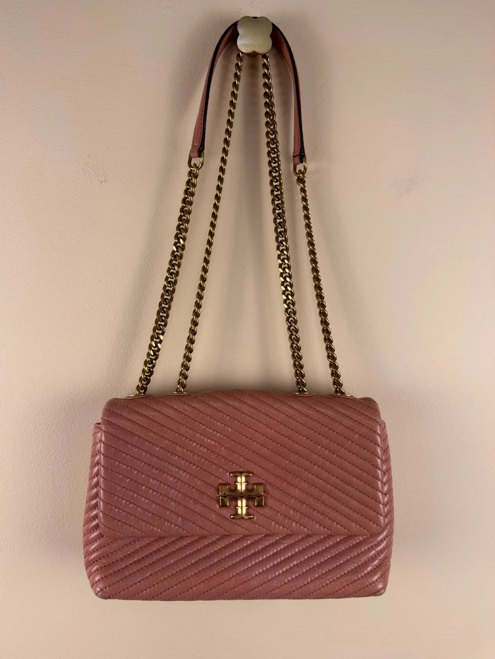 Tory Burch Kira Chevron Convertible Shoulder Bag Pink Leather with Dust Bag